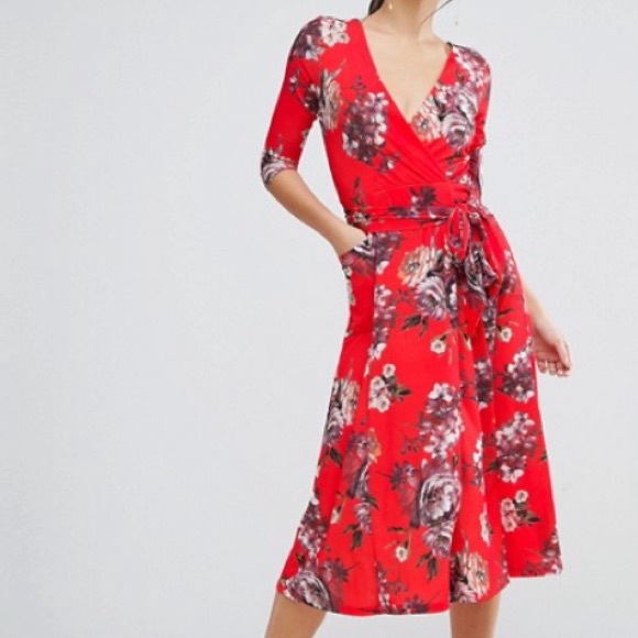 ASOS Dresses & Skirts - ASOS Crepe Midi Dress Red Floral Print
